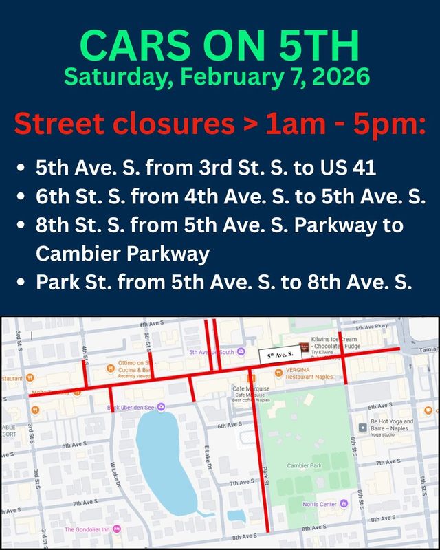 Street closures for the 2026 Cars on 5th in downtown Naples