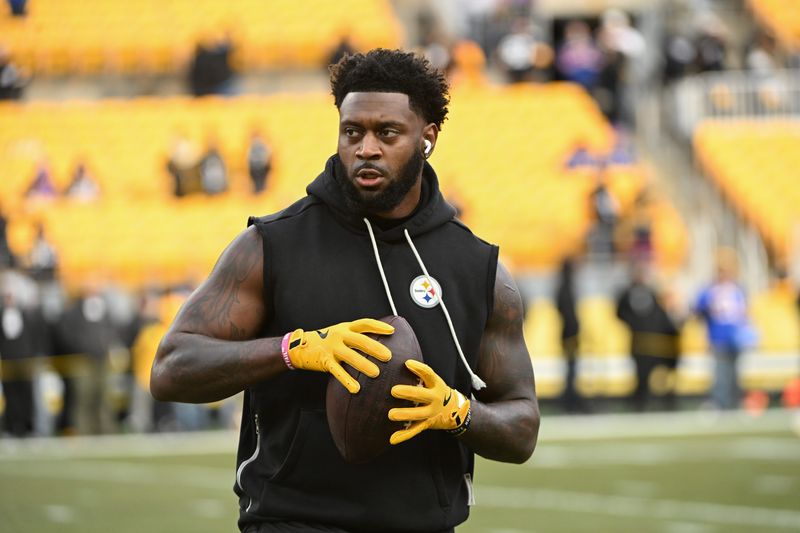 Nov 30, 2025; Pittsburgh, Pennsylvania, USA; Pittsburgh Steelers linebacker Patrick Queen warms up for a game against the Buffalo Bills at Acrisure Stadium. Mandatory Credit: Barry Reeger-Imagn Images
