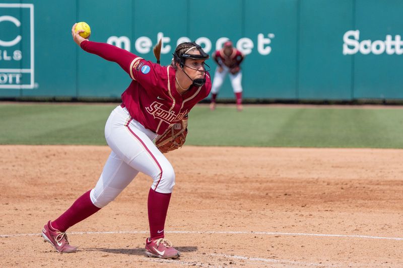 Florida State Seminoles pitcher Jazzy Francik (32) winds up to pitch. The Texas Tech Red Raiders defeated the Florida State Seminoles 2-1 in the NCAA WCWS Super Regionals on Friday, May 23, 2025.