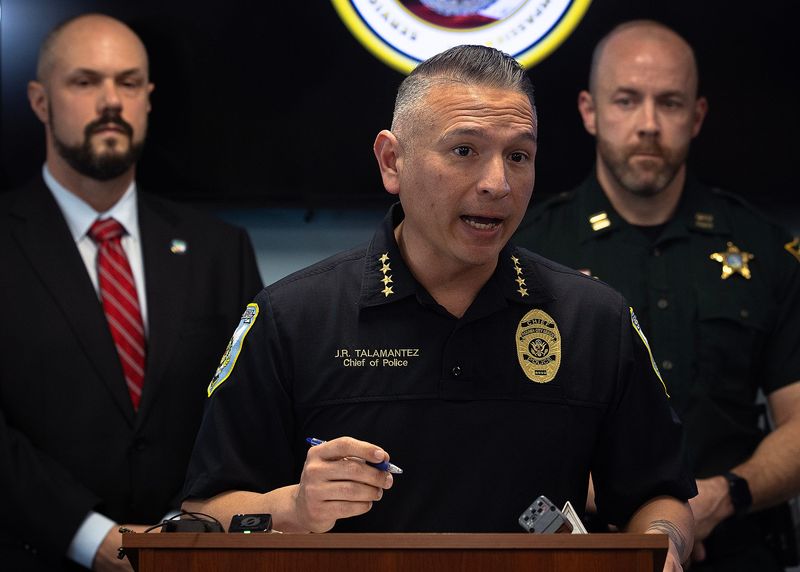 J.R. Talamantez, Panama City Beach's police chief, delivers an address about spring break law enforcement initiatives Feb. 5, 2026. Bay County officials have designated March 28 to April 11 as a high impact period for the county. (Tyler Orsburn/News Herald)