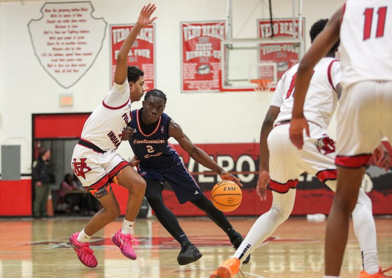 Centennial's Jayden Prosper (2) in a boys District 7-7A basketball semifinal, Feb. 5, 2026, at Vero Beach High School.