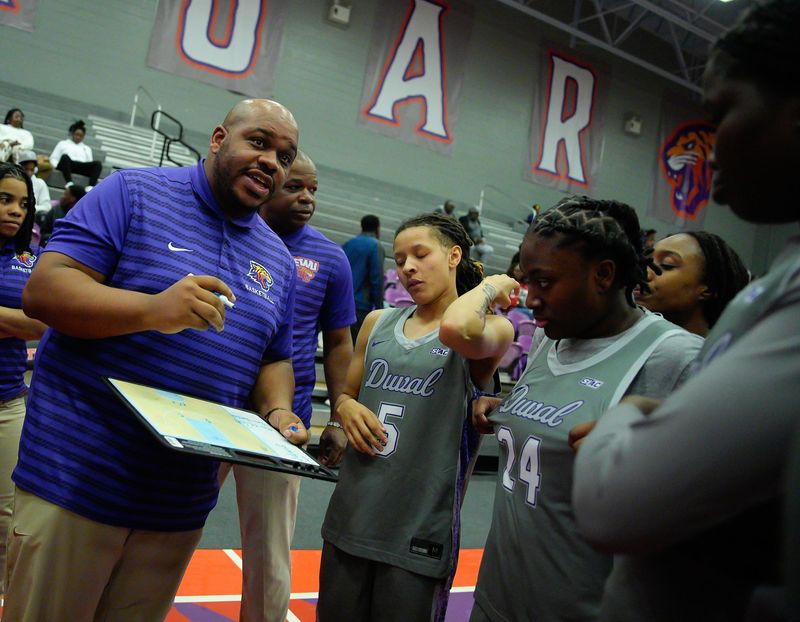 Edward Waters women's basketball coach Erick Jackson Jr., talking with his team during a Feb. 5 game against Spring Hill, was named the SIAC Coach of the Year.