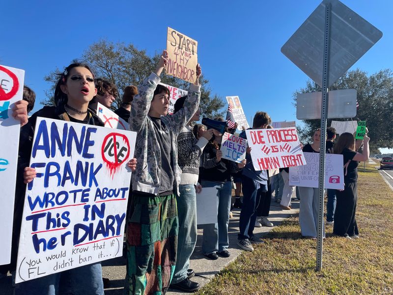 About 30 students walked out of Viera High School on Feb. 6 in protest of recent Immigration and Customs Enforcement action. They held signs on Judge Fran Jamieson Way outside the school district offices.