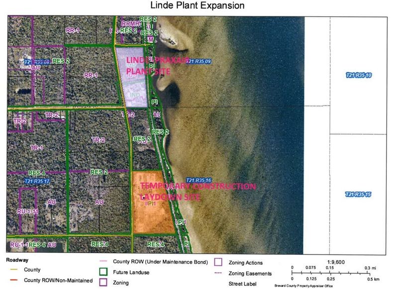Brevard County is considering granting temporary permission for the Praxair/Linde site to use nearby property as a staging site for expansion to the Praxair/Linde site (2801 Hammock Rd.