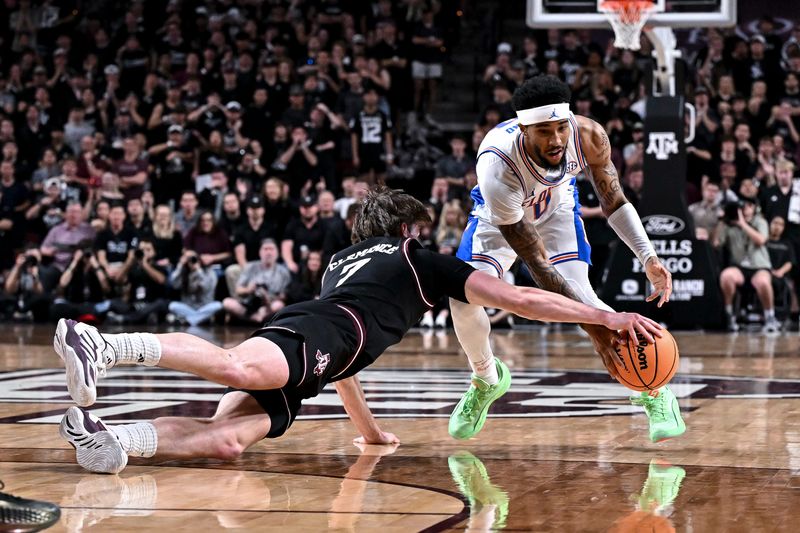 Feb 7, 2026; College Station, Texas, USA; Florida Gators guard Boogie Fland (0) and Texas A&M Aggies forward Zach Clemence (7) battle for a loose ball during the first half at Reed Arena. Mandatory Credit: Maria Lysaker-Imagn Images