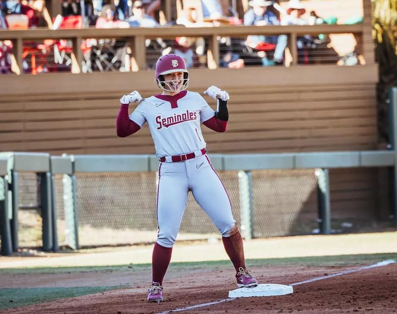 Freshman Hayley Griggs is celebrating on base. Florida State softball swept Marshall, 6-2, 10-2, on Saturday, Feb. 7, 2026