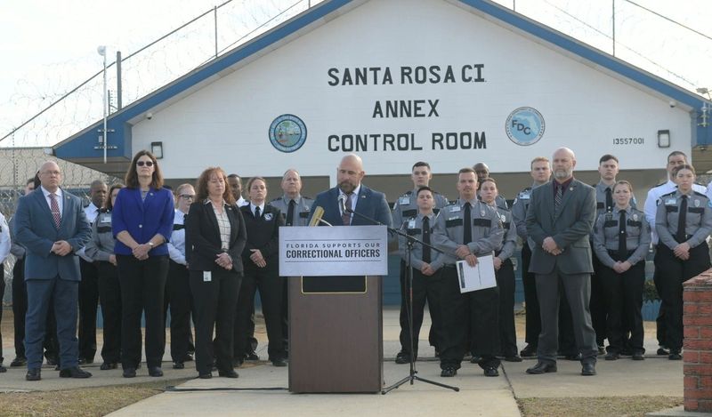 Florida Lt. Gov. Jay Collins announces $374 million will be invested into pay raises for Florida Department of Corrections employees at the Santa Rosa Correctional Institution in Milton Feb. 9, 2026.