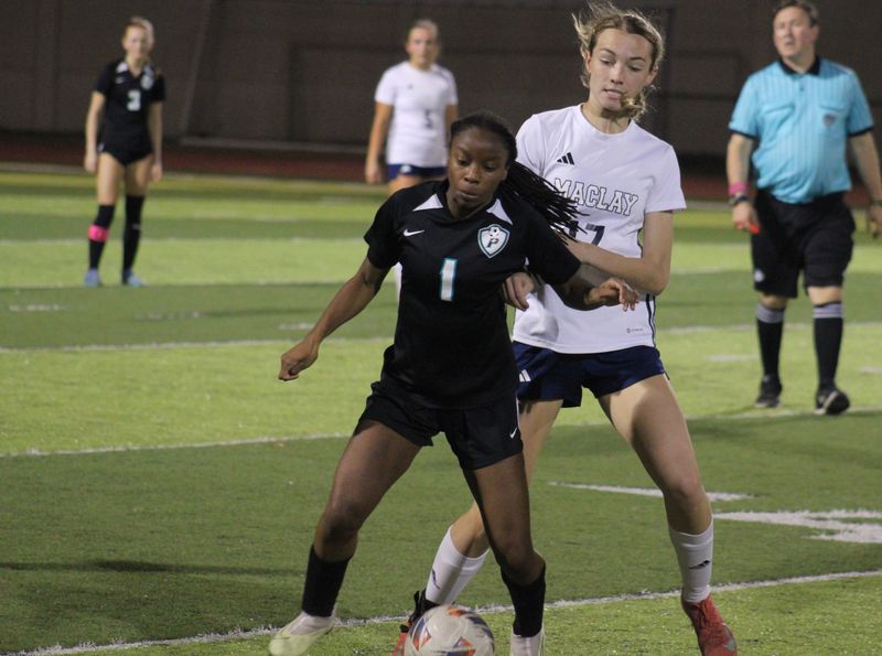 Providence forward Kendall Trimiar (1) controls possession against Tallahassee Maclay midfielder Mallory VanLeuven (17) during the FHSAA Region 1-2A high school girls soccer semifinal on Feb. 9, 2026. [Clayton Freeman/Florida Times-Union]