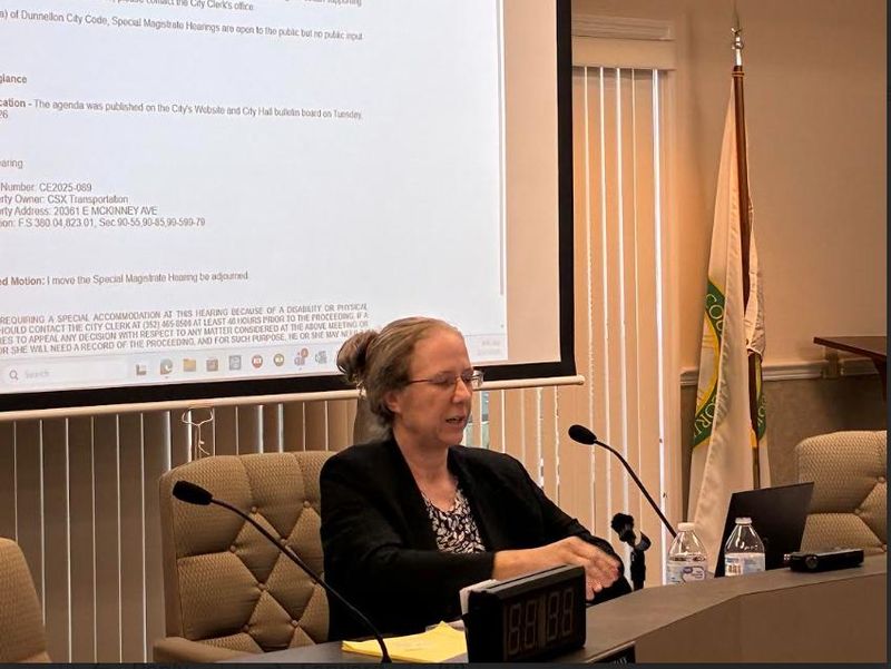 Special Magistrate Audrie Hoehn presiding over the Feb. 10, 2026 hearing at Dunnellon city hall to discuss the creosote-treated railroad ties.