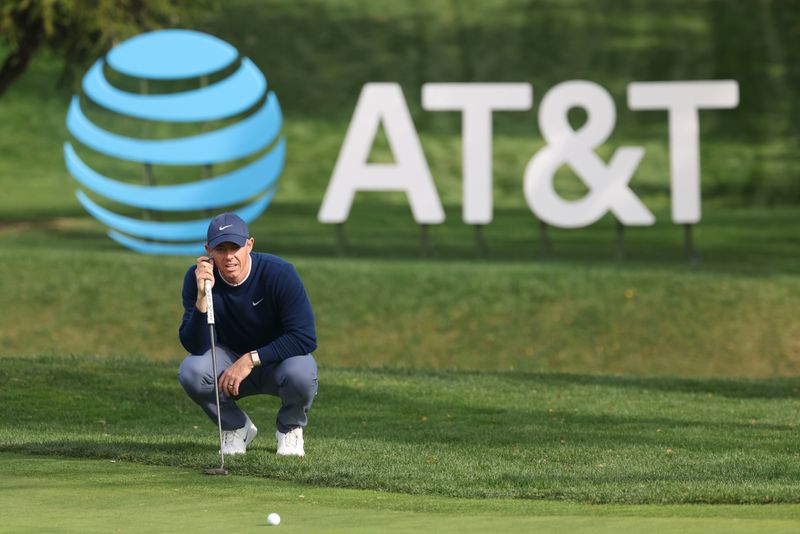 Rory McIlroy lines up his putt on the 16th hole during the final round of the 2025 AT&T Pebble Beach Pro-Am at Pebble Beach Golf Links.