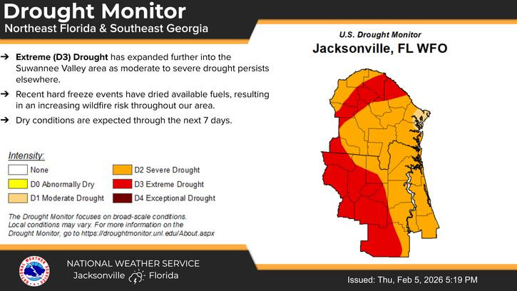 Severe (D2) Drought conditions across Northeast Florida and Southeast Georgia