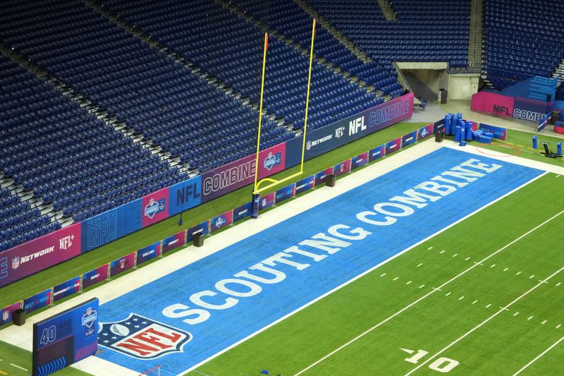 Feb 25, 2025; Indianapolis, IN, USA; The NFL Scouting Combine logo in the end zone at Lucas Oil Stadium. Mandatory Credit: Kirby Lee-Imagn Images