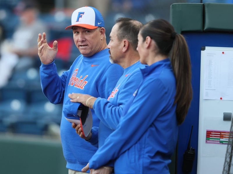 Florida head coach Tim Walton talks before a NCAA softball game at Katie Seashole Pressly Stadium in Gainesville, FL on Wednesday, February 11, 2026. Florida beat Jacksonville in their home opener 11-1, [Alan Youngblood/Gainesville Sun]