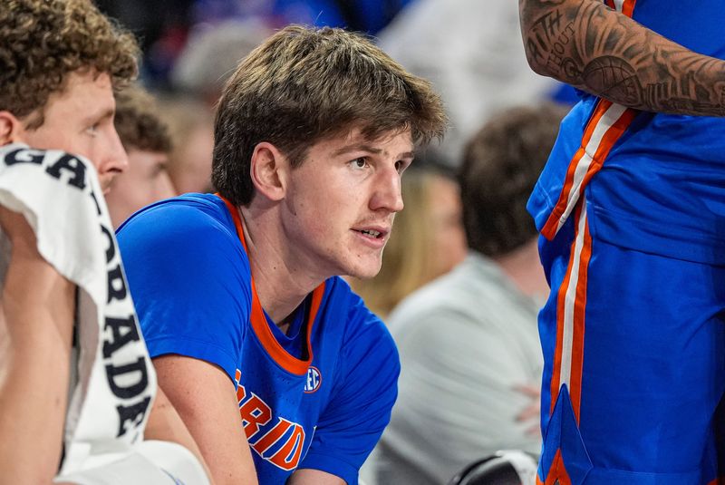 Feb 11, 2026; Athens, Georgia, USA; Florida Gators forward Alex Condon (21) reacts on the bench during the game against the Georgia Bulldogs during the second half at Stegeman Coliseum. Mandatory Credit: Dale Zanine-Imagn Images
