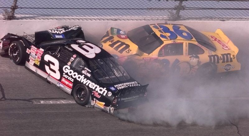 Dale Earnhardt (#3) is hit by Ken Schrader (#36) between turns three and four near the end of Daytona 500 race on Feb. 18, 2001.