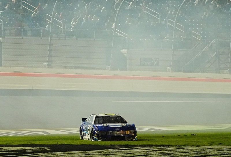Casey Mears' No. 66 car rests after a late crash with Noah Gragson (4) during the first Duel, Thursday, Feb. 12, 2026 at Daytona International Speedway.