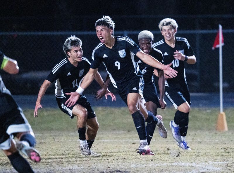Alessandro Gonzalez#9 of the Mariner High School boys soccer team celebrates a goal over Osceola in a Class 5A-Region 3 game at Mariner on Thursday, Feb. 12, 2026. Mariner won 2-0.