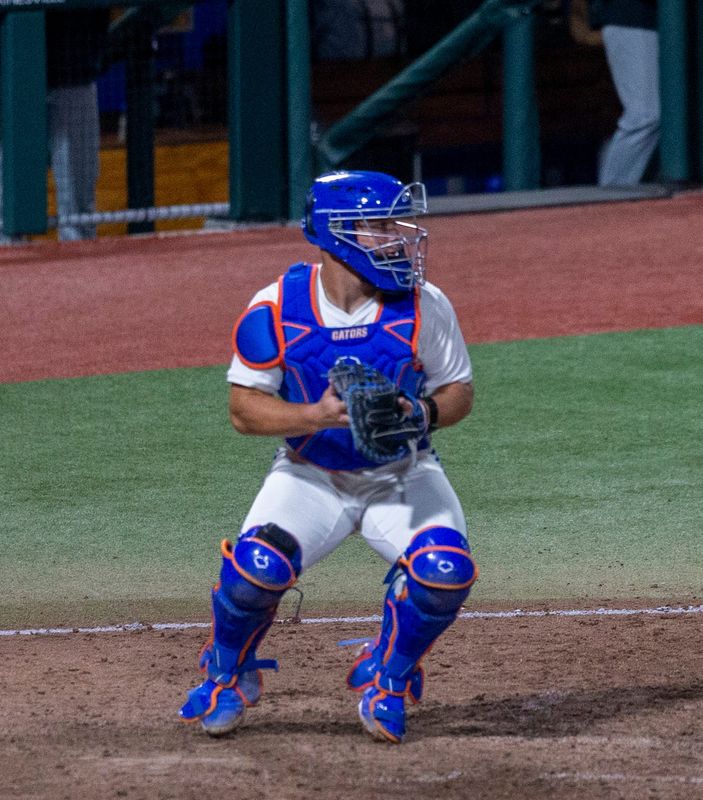 Florida's catcher Karson Bowen (14) behind the plate for the Gators against UAB, Friday, February 13, 2026, at Condron Family Ballpark in Gainesville, Florida. The Gators lost Game 1 to the Blazers 9-7. [Cyndi Chambers/ Gainesville Sun] 2026