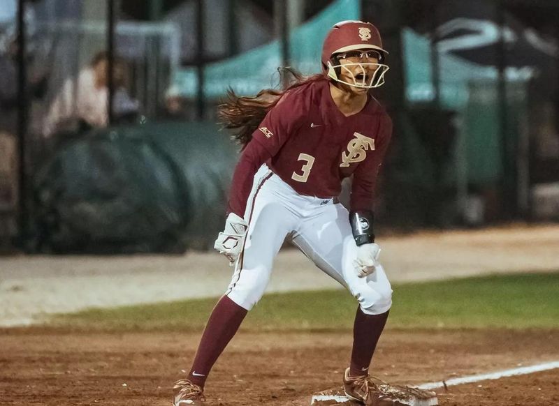 Isa Torres is fired up on base while Florida State softball carries momentum against Florida Atlantic University. FSU defeated the Owls 9-5 on Friday, Feb. 14, 2026.