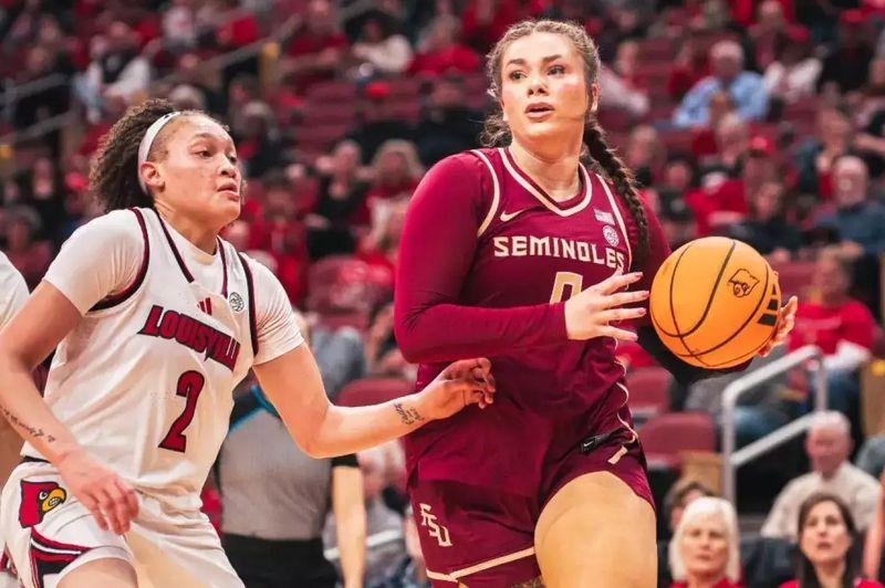 Allie Kubek dribbles the basketball as she looks to attack the basket. Florida State women's basketball lost to Louisville, 88-65, on Sunday, Feb. 15, 2026.