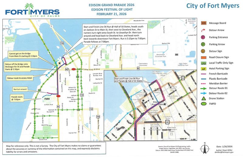 Road closures for the 2026 Edison Festival of Light Grand Parade on Saturday, Feb. 21.