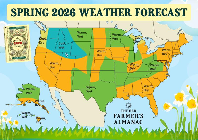 The Old Farmer's Almanac prediction map for spring weather. The almanac is predicting a warmer spring than usual in the Wilmington area.