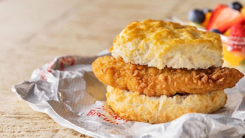 The Chick-fil-A Chicken Biscuit is a breakfast classic, with a boneless breast of chicken, seasoned to perfection, hand-breaded and served on a buttermilk biscuit.
