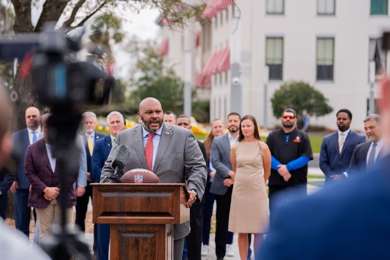 Sen. Corey Simon speaks at a press conference in support of HB 731, which was created to increase coaches pay in Florida schools, Wednesday, Feb. 18, 2026.