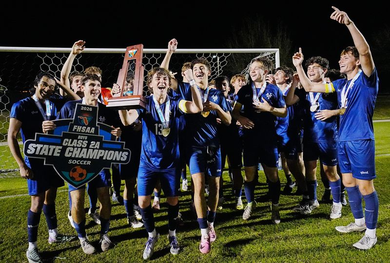 Holy Trinity celebrates after defeating Episcopal School of Jacksonville in the Class 2A boys soccer state finals February 18, 2026. Craig Bailey/FLORIDA TODAY via USA TODAY NETWORK