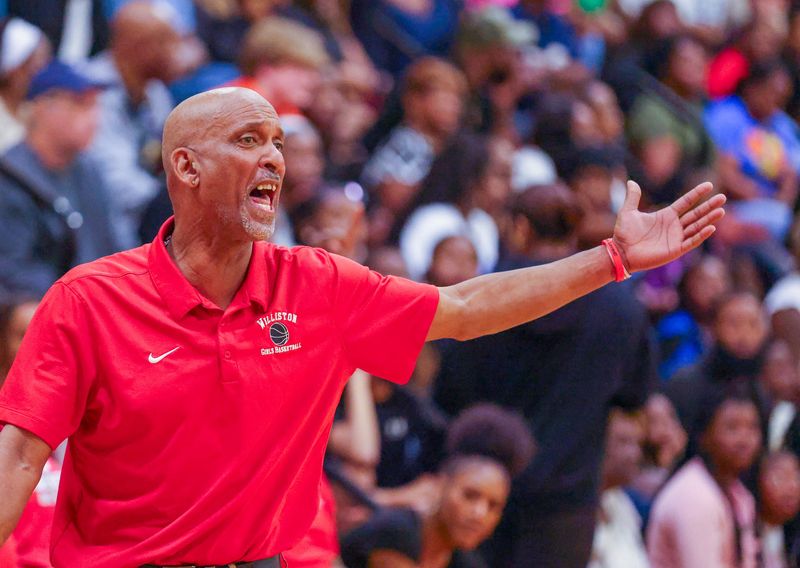 Williston Head Coach Willie Powers II reacts during the Rural Class regional finals of the 2026 FHSAA Girls Basketball State Championship Tournament at Wiliston High School in Williston, FL on Friday, February 20, 2026. Williston beat Wildwood 61-52 and head the final four. [Alan Youngblood/Gainesville Sun]