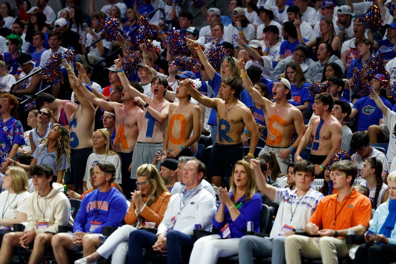 Mar 1, 2025; Gainesville, Florida, USA; Florida Gators fans cheer against the Texas A&M Aggies during the second half at Exactech Arena at the Stephen C. O'Connell Center. Mandatory Credit: Morgan Tencza-Imagn Images