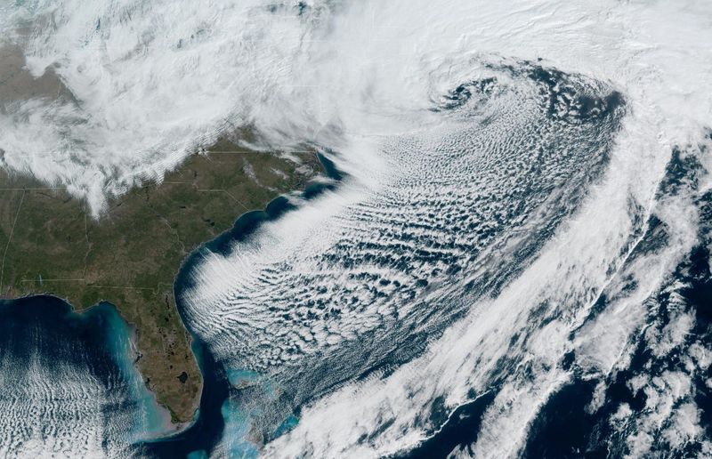 A satellite image from Feb. 23, 2026 shows a deepening winter storm off the east coast that resembles a hurricane.