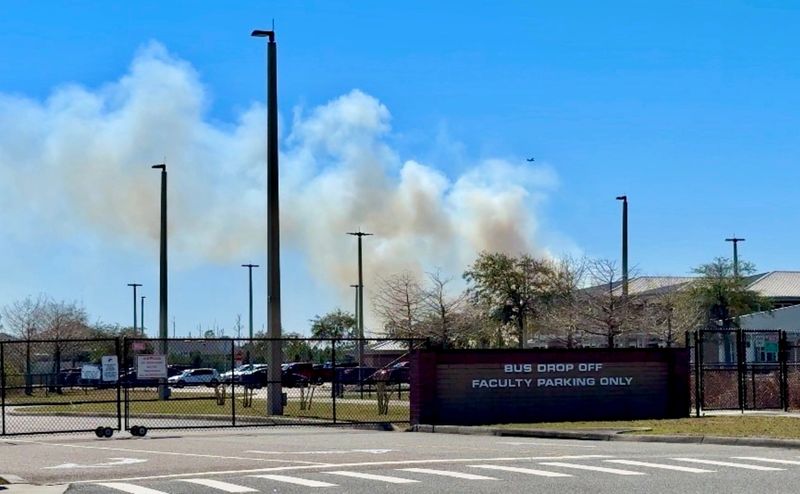 A wildfire burned 1 mile southwest of Champion Elementary School on Monday, Feb. 23. The Florida Forest Service said the fire was 20 to 25 acres shortly after 10 a.m. but brown smoke still billowed into the sky by 1:20 p.m., as a fixed-wing aircraft was seen flying over the fire.
