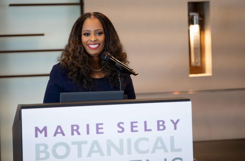 Jada Wright-Greene, executive director of Manasota ASALH, thanks guests during the inaugural Black History Month Scholarship Luncheon at Marie Selby Botanical Gardens.