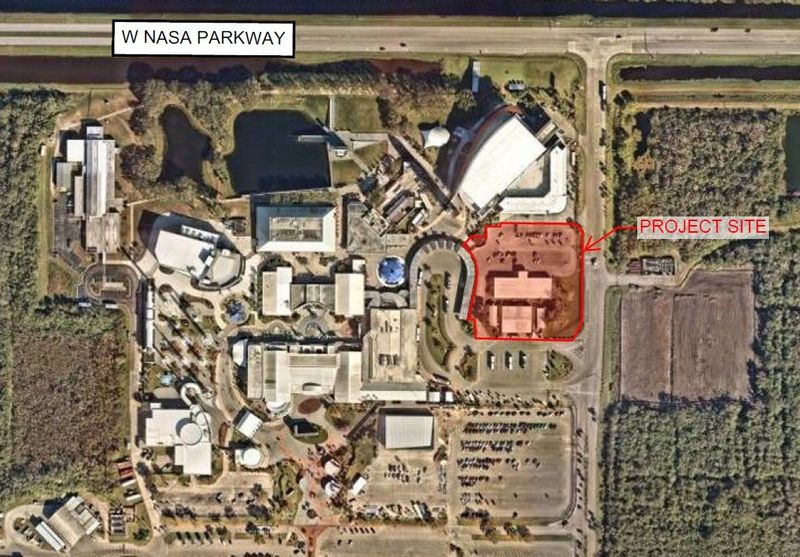 This map shows the Project Aero mystery attraction site just south of the space shuttle Atlantis building at the Kennedy Space Center Visitor Complex.