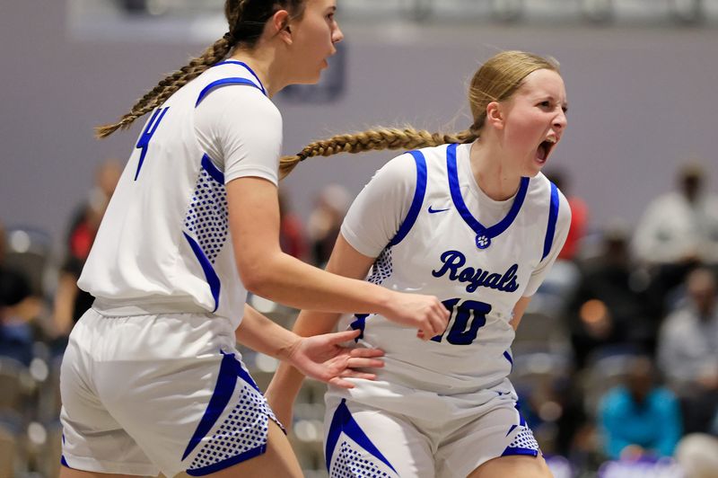 Jay’s Presley Hawthorne (10), right, yells with Emery Vaughn (4) after a time out is called during the second quarter of an FHSAA girls basketball Class Rural semifinal at UNF Arena, Tuesday, Feb. 24, 2026, in Jacksonville, Fla. The Jay Royals defeated the Hilliard Red Flashes 53-39. [Corey Perrine/Florida Times-Union]
