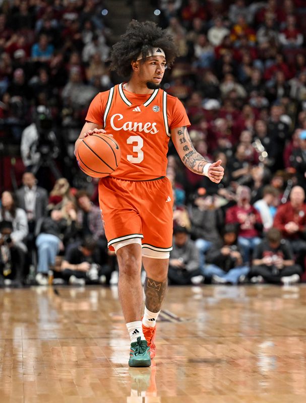 Feb 24, 2026; Tallahassee, Florida, USA; Miami Hurricanes guard Tre Donaldson (3) during the first half against the Florida State Seminoles at Donald L. Tucker Center. Mandatory Credit: Melina Myers-Imagn Images