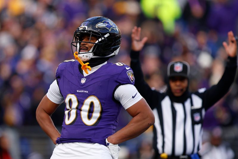 Dec 7, 2025; Baltimore, Maryland, USA; Baltimore Ravens tight end Isaiah Likely (80) reacts after scoring a touchdown against the Pittsburgh Steelers during the second half at M&T Bank Stadium. Mandatory Credit: Peter Casey-Imagn Images