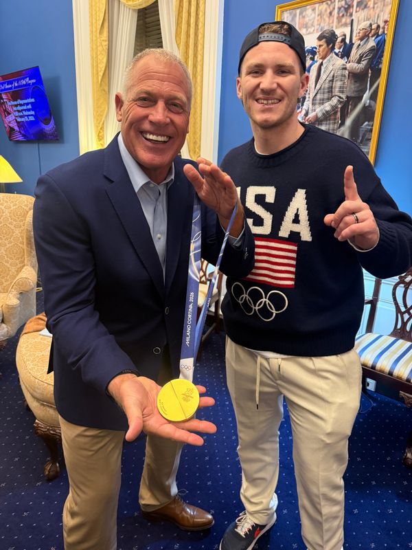 Farmer-grocer-MAGA supporter Alfie Oakes of North Naples attended the State of the Union Address in Washington, D.C., on Feb. 24, 2026, where he met players on the gold-medal-winning USA Olympic hockey team. Here he is with player Matthew Tkachuk.