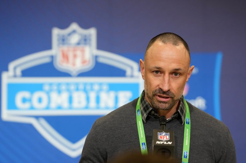 Feb 24, 2026; Indianapolis, IN, USA; Miami Dolphins general manager Jon-Eric Sullivan speaks at the NFL Scouting Combine at the Indiana Convention Center. Mandatory Credit: Kirby Lee-Imagn Images