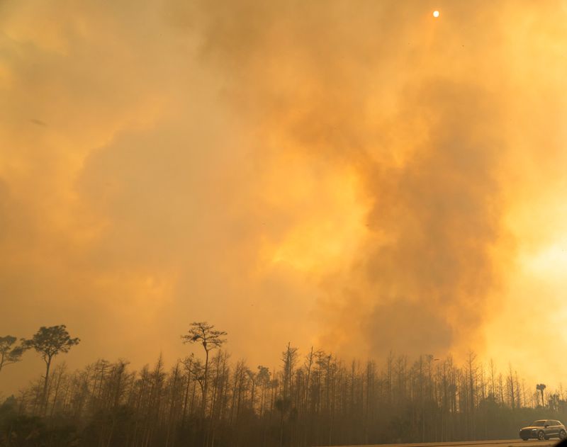 Smoke billows from a 24,000-acre brushfire in Big Cypress National Preserve on Wednesday, Feb. 25, 2026. The smoke caused reduced visibility on I-75 as crews worked to contain it.