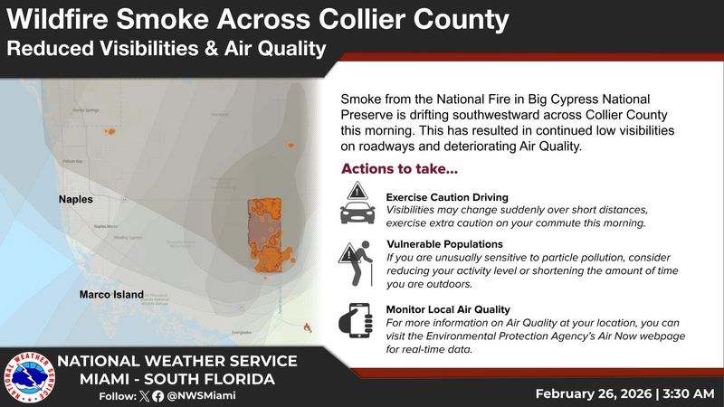 Smoke from the National Fire in Big Cypress National Preserve is gradually drifting west/southwest across Collier County Feb. 26, 2026.