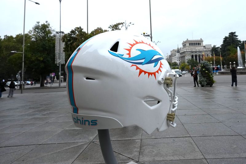 Nov 13, 2025; Madrid, Spain; A large Miami Dolphins helmet at the Palacio de Cibellas. Mandatory Credit: Kirby Lee-Imagn Images