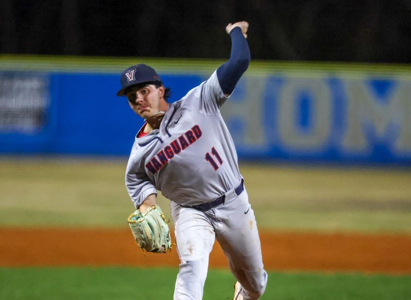 Vanguard Spencer Payne (11) pitches during an FHSAA baseball game at Newberry High School in Newberry, FL on Friday, February 27, 2026. [Alan Youngblood/Gainesville Sun]