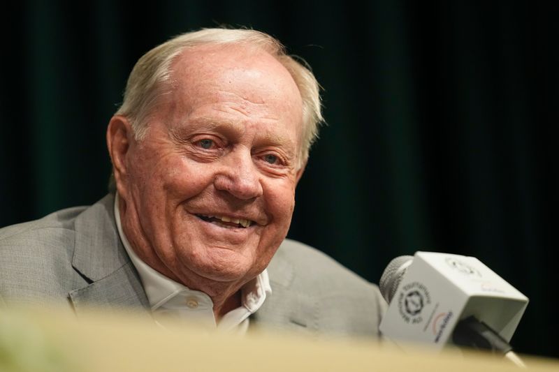 Jack Nicklaus speaks to media prior to the start of the Memorial Tournament at Muirfield Village Golf Club in Dublin, Ohio on May 27, 2025.