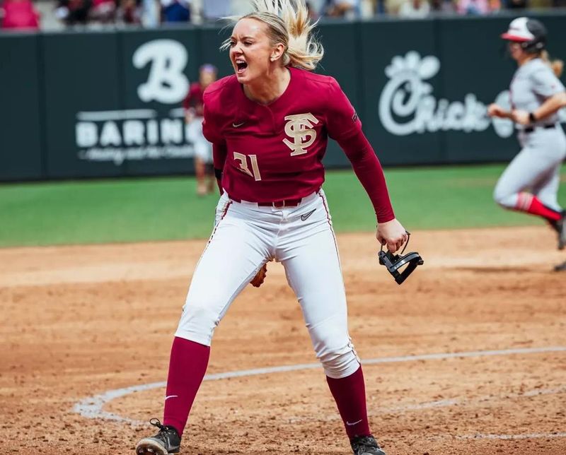 Makenna Reid celebrates on the circle after striking out a batter to clinch a victory over Rutgers on Saturday, Feb. 28, 2026