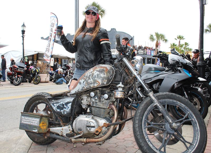 Liz Schmitz's "rat rod" style motorcycle was getting a lot of attention on Saturday, Feb. 28, 2026, during Daytona Beach Bike Week.