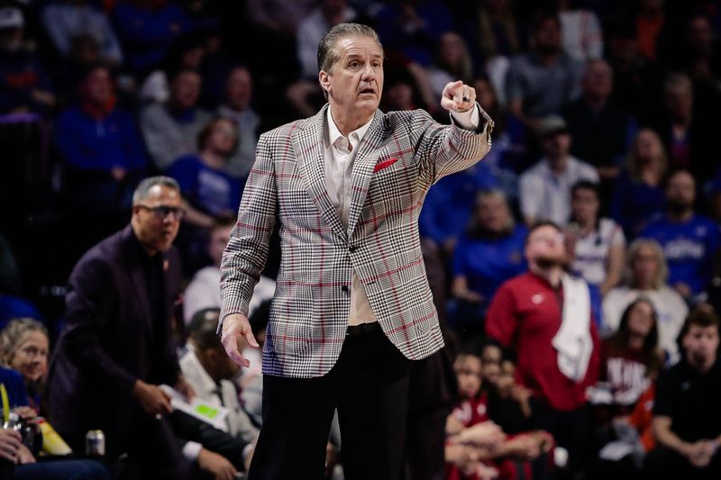 Feb 28, 2026; Gainesville, Florida, USA; Arkansas Razorbacks head coach John Calipari coaches against the Florida Gators during the first half at Exactech Arena at the Stephen C. O'Connell Center. Mandatory Credit: Travis Register-Imagn Images