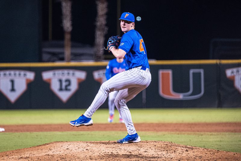 Florida right-hander Aidan King pitching against the Miami Hurricanes.