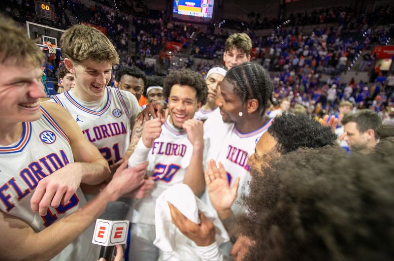 Florida talks to ESPN as they elebrate the 111-77 win over Arkansas and the SEC Championship after an NCAA basketball game at Steven C. O'Connell Center Exactek arena in Gainesville, FL on Saturday, February 28, 2026. [Alan Youngblood/Gainesville Sun]